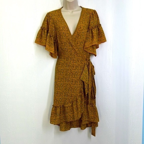 Max Studio - Yellow Ruffled White Floral Mid Short Sleeve Dress Size Medium - Picture 2 of 13